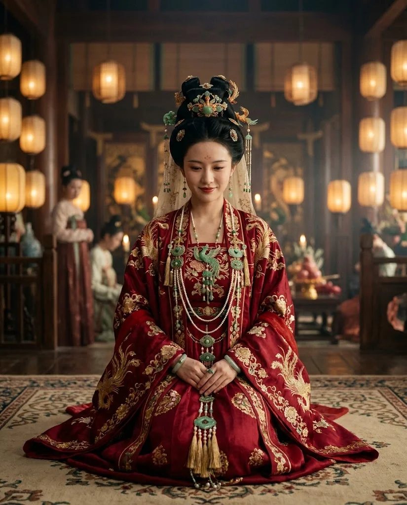 Pursuit of Jade — Wedding rite — female role in crimson silk with jade ornaments