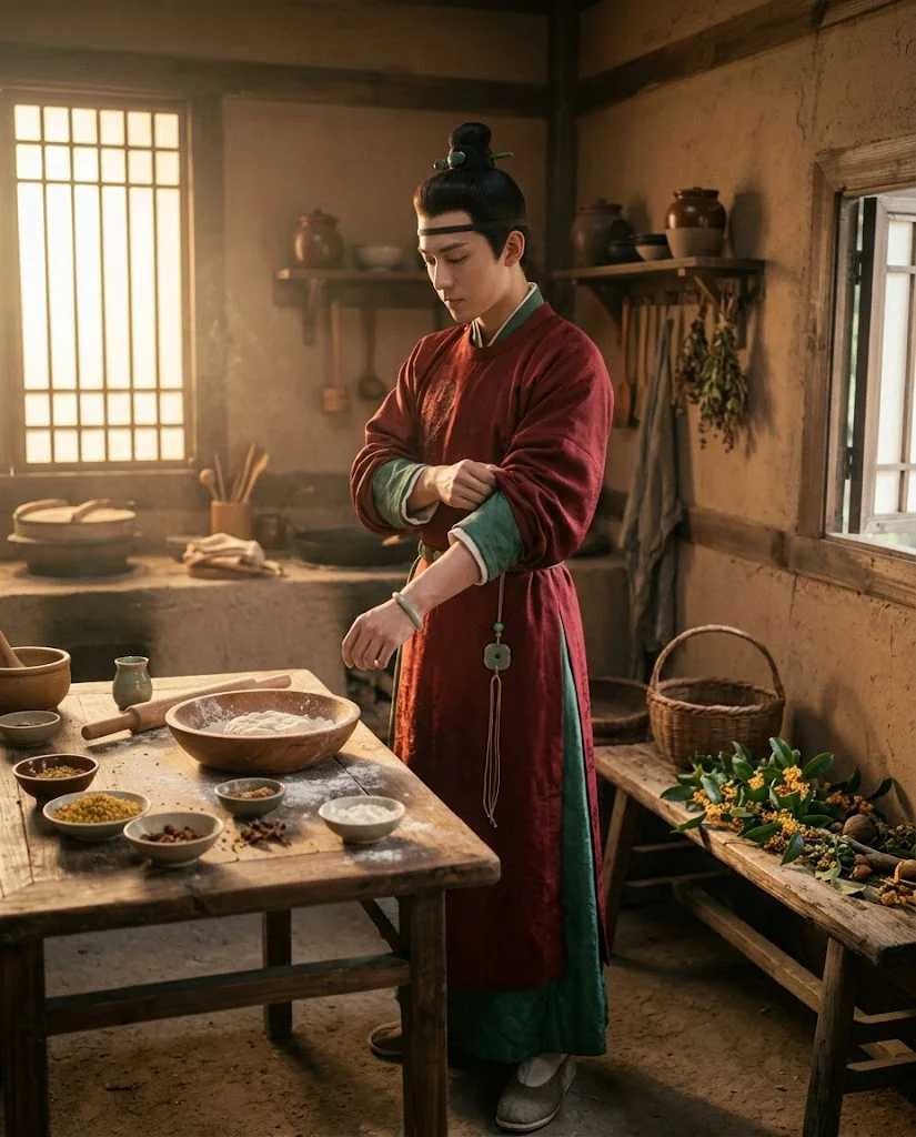 Pursuit of Jade — Small kitchen — male role rolling his sleeves in warm light